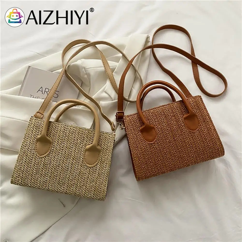 Women Straw Messenger Bag Beach Rattan Purse Woven Crossbody Handbag