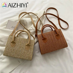 Women Straw Messenger Bag Beach Rattan Purse Woven Crossbody Handbag