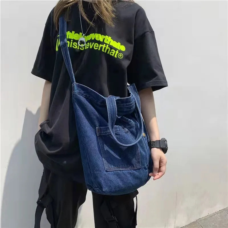 Denim Casual Tote Shoulder Bag Large Capacity Shopper Tote