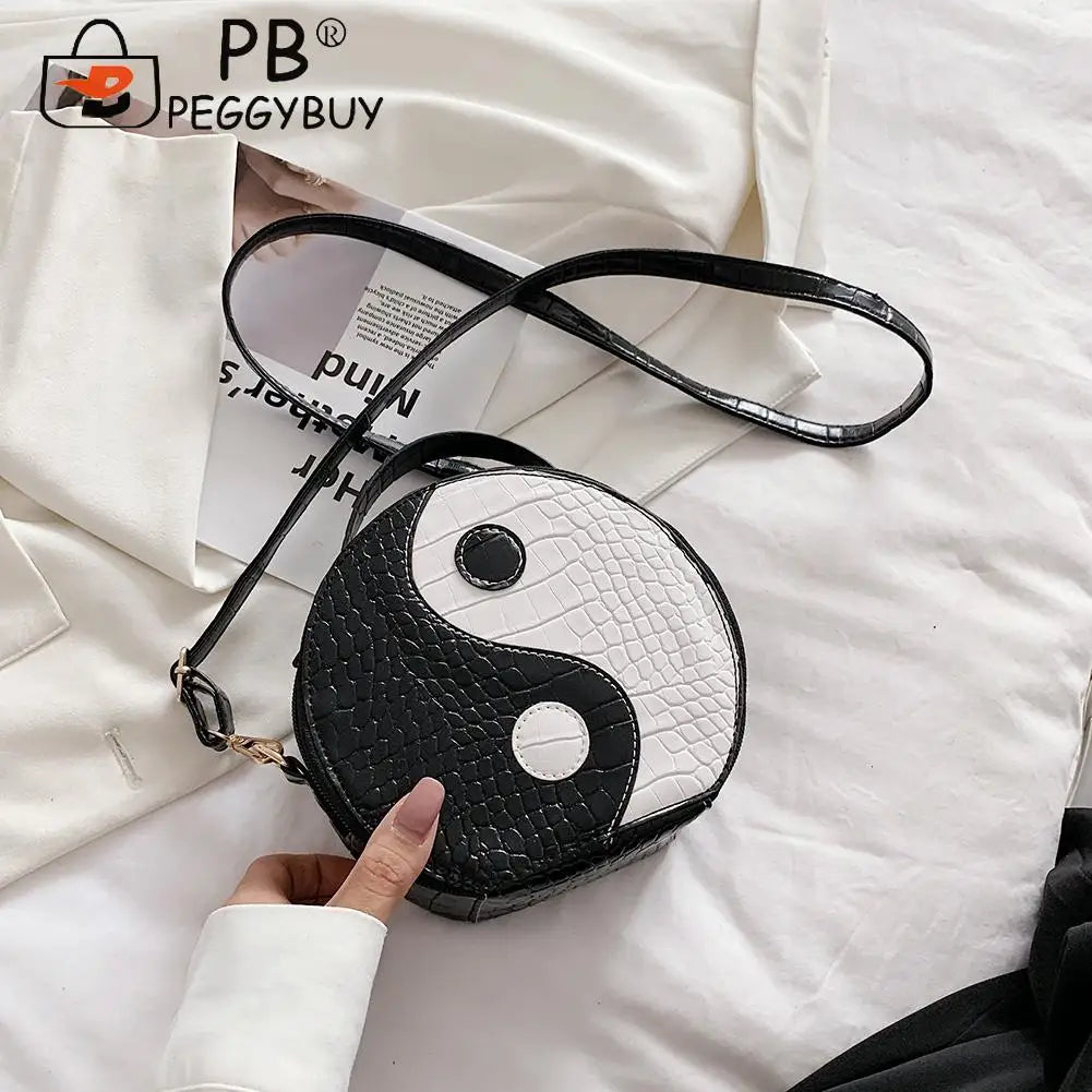 Women Tai Chi Messenger Bags Small PU Leather Round Shoulder Bags