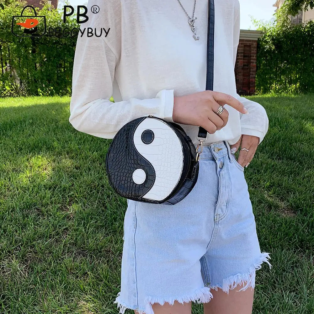 Women Tai Chi Messenger Bags Small PU Leather Round Shoulder Bags