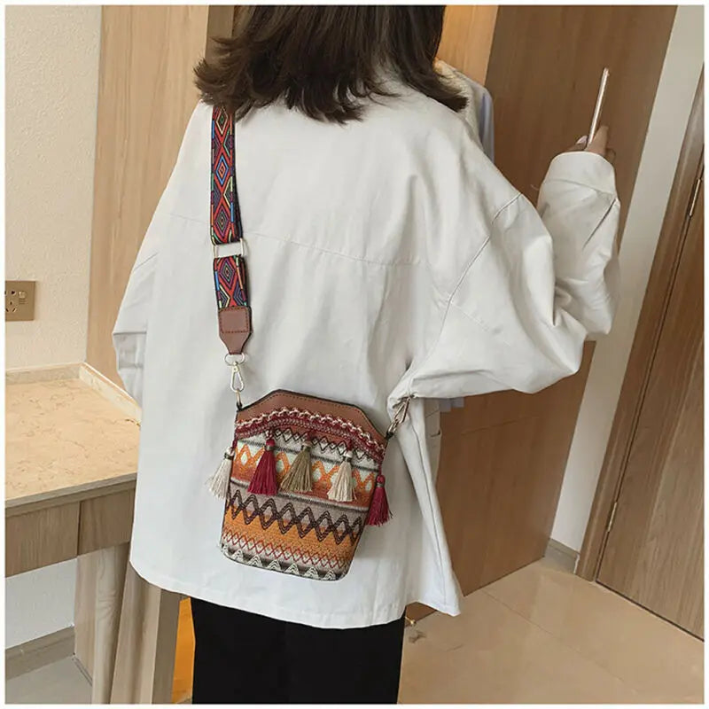Women Tassel Shoulder Bag Ethnic Embroidery Mirror Hippie Crossbody Bag