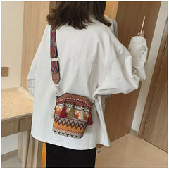 Women Tassel Shoulder Bag Ethnic Embroidery Mirror Hippie Crossbody Bag