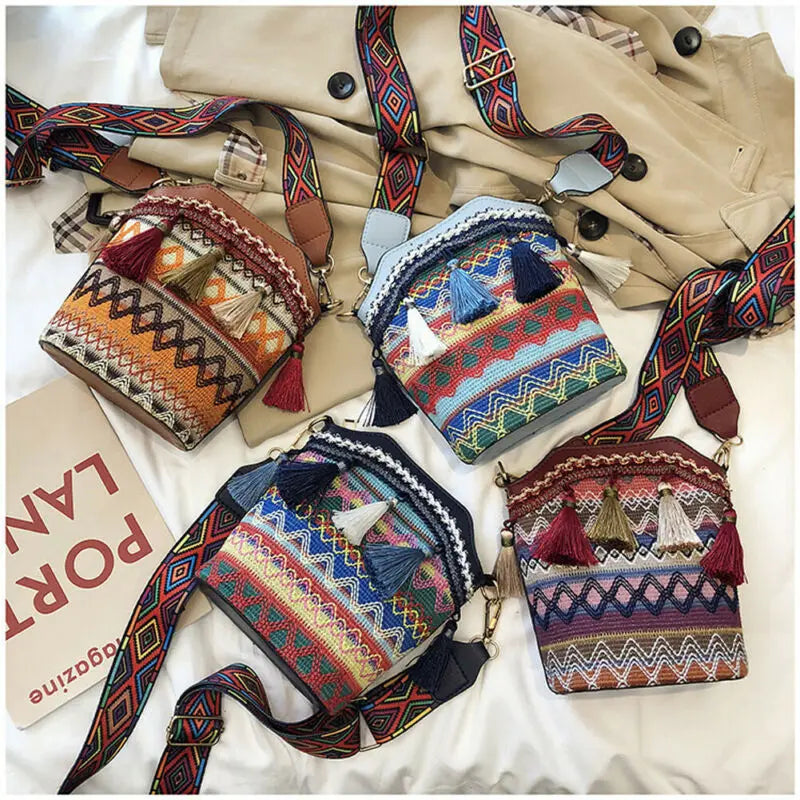 Women Tassel Shoulder Bag Ethnic Embroidery Mirror Hippie Crossbody Bag