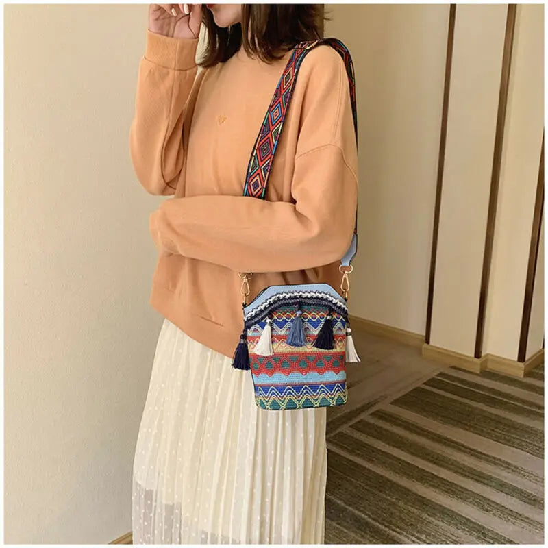 Women Tassel Shoulder Bag Ethnic Embroidery Mirror Hippie Crossbody Bag