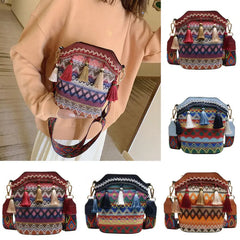 Women Tassel Shoulder Bag Ethnic Embroidery Mirror Hippie Crossbody Bag