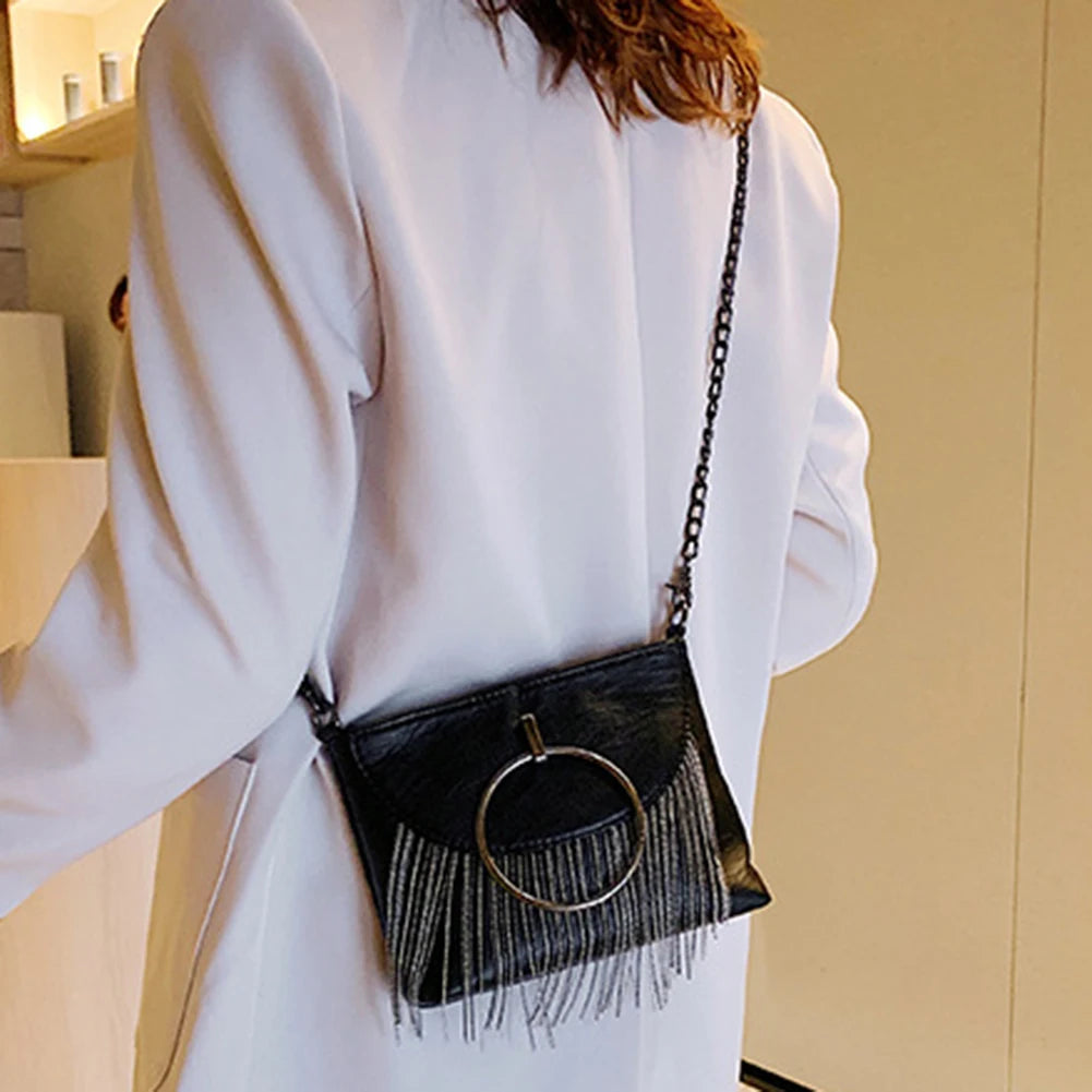 Women Tassel Small Square Bag Big Ring Leather Shoulder Crossbody Bags