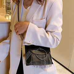 Women Tassel Small Square Bag Big Ring Leather Shoulder Crossbody Bags