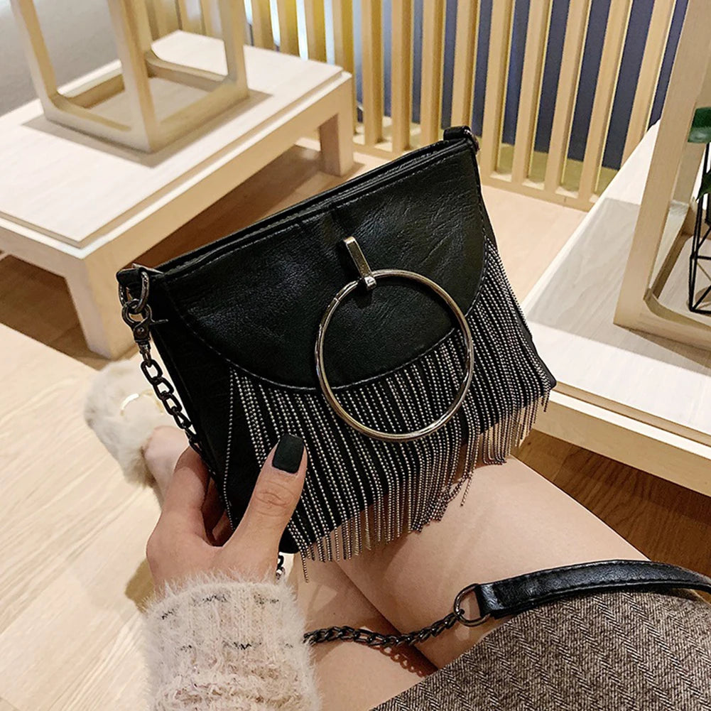 Women Tassel Small Square Bag Big Ring Leather Shoulder Crossbody Bags