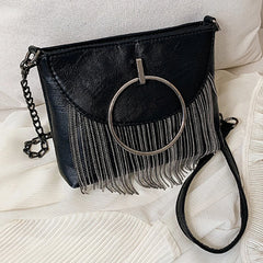 Women Tassel Small Square Bag Big Ring Leather Shoulder Crossbody Bags