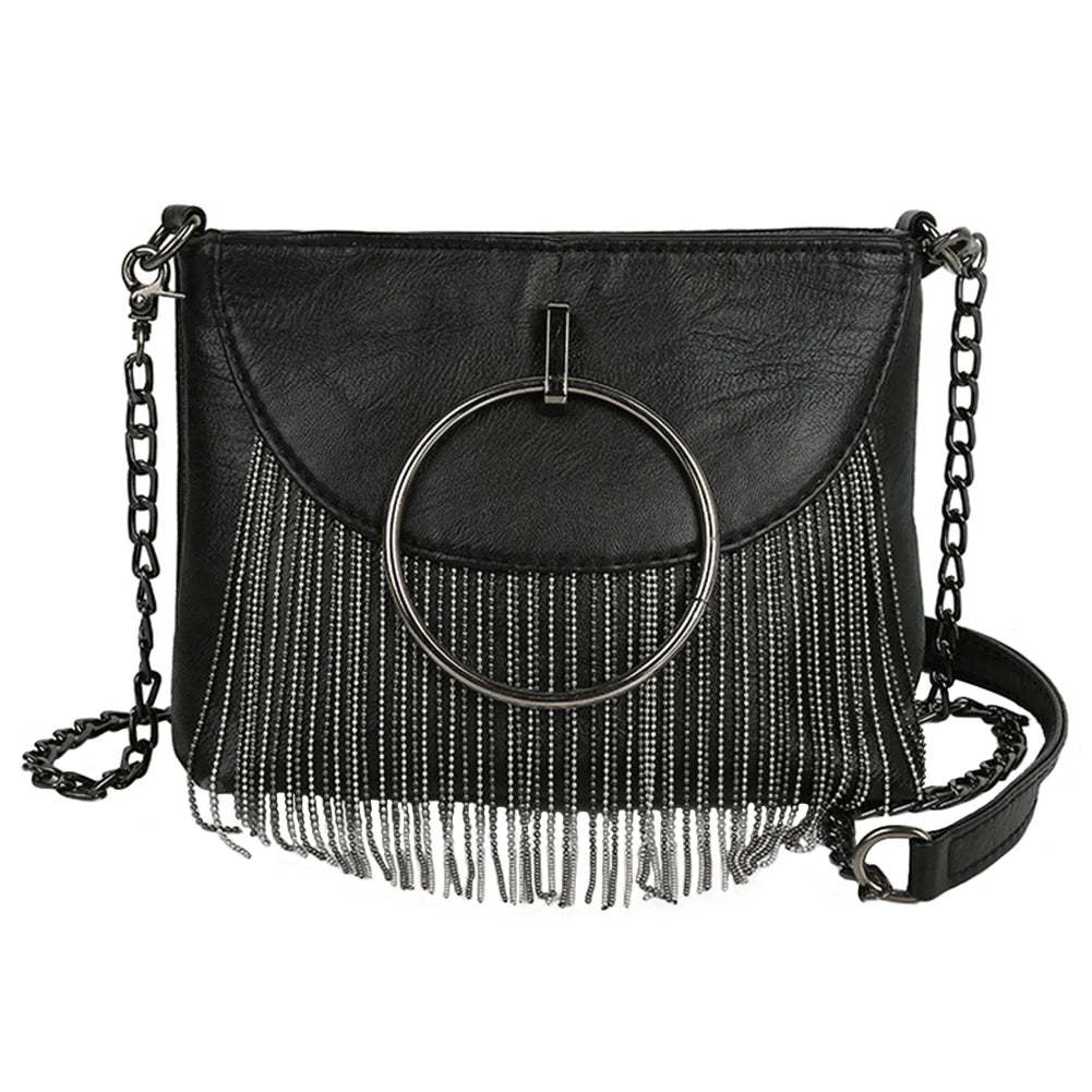 Women Tassel Small Square Bag Big Ring Leather Shoulder Crossbody Bags