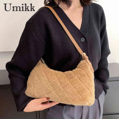 Women Top Handle Bag Rhombus Plush Shoulder Tote Bag