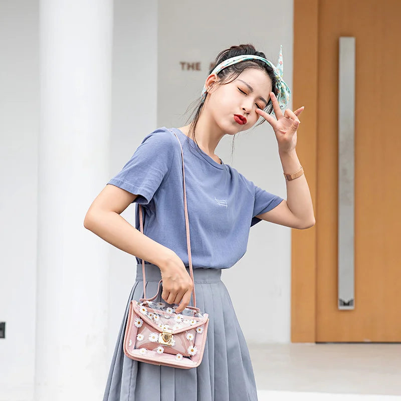 Women Transparent Crossbody Shoulder Bag Daisy Pattern Block Messenger Handbag