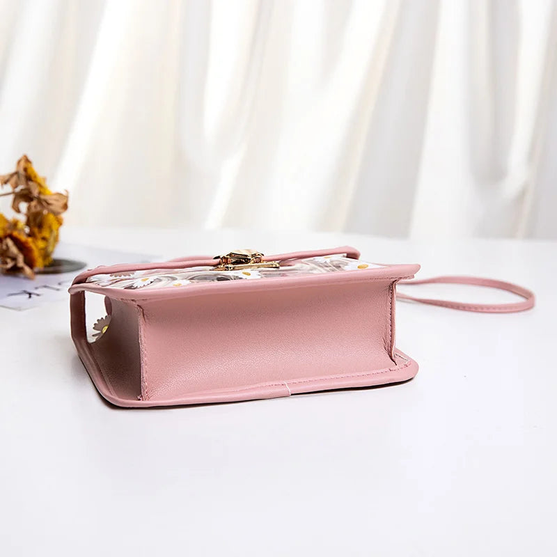 Women Transparent Crossbody Shoulder Bag Daisy Pattern Block Messenger Handbag