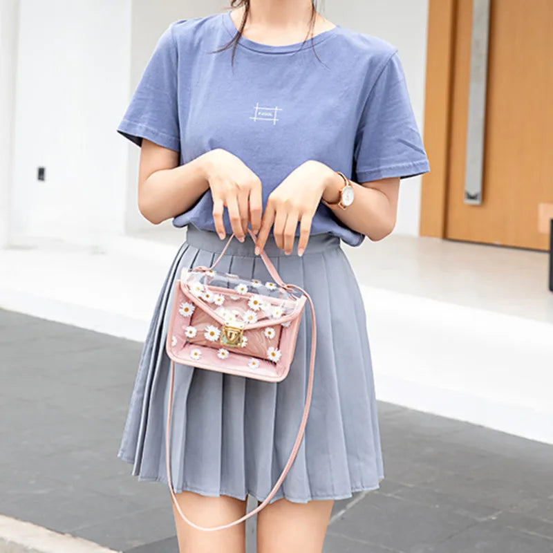 Women Transparent Crossbody Shoulder Bag Daisy Pattern Block Messenger Handbag