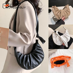 PU Leather Cloud Pleated Women's Underarm Bag Solid Hobos