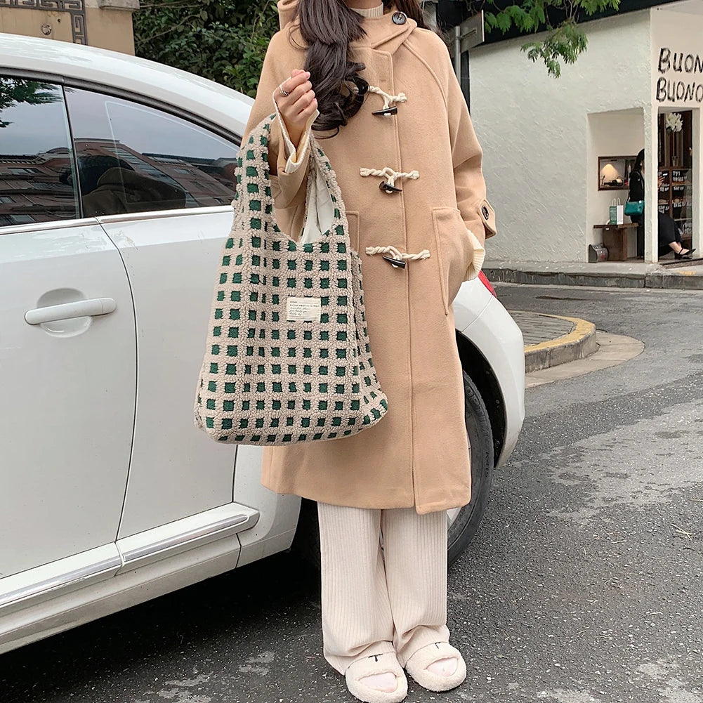Waffle Plaid Shoulder Bag Large Capacity Tote Crossbody Soft Plush Shopping Bags