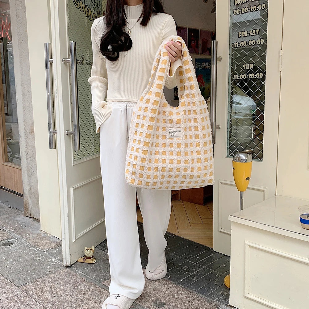 Waffle Plaid Shoulder Bag Large Capacity Tote Crossbody Soft Plush Shopping Bags