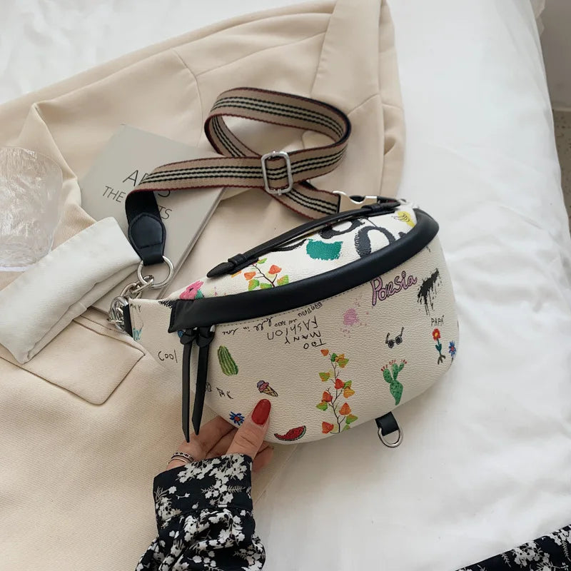 Women Waist Bag European Style PU Leather Printed Chest Bag