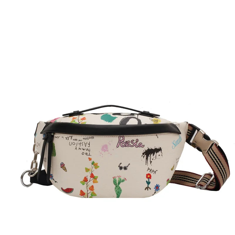 Women Waist Bag European Style PU Leather Printed Chest Bag