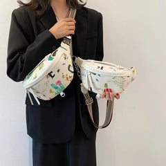 Women Waist Bag European Style PU Leather Printed Chest Bag
