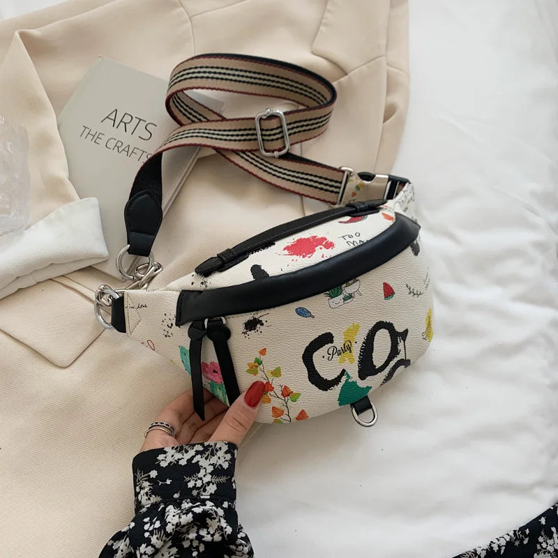 Women Waist Bag European Style PU Leather Printed Chest Bag