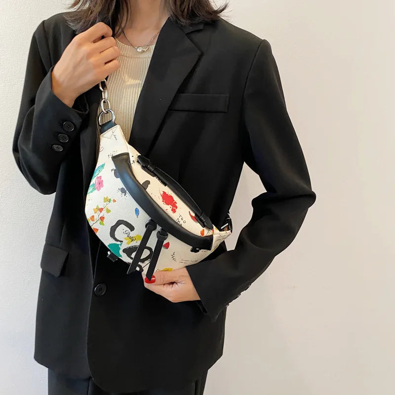 Women Waist Bag European Style PU Leather Printed Chest Bag