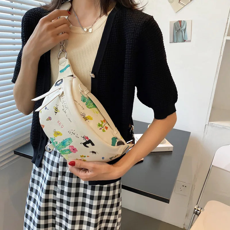 Women Waist Bag European Style PU Leather Printed Chest Bag