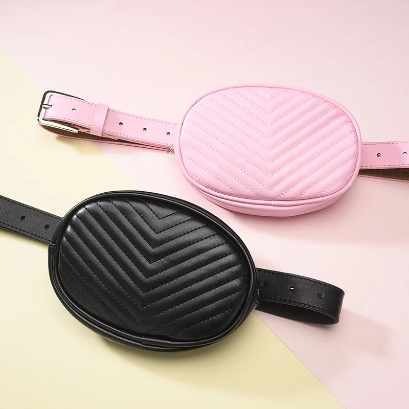 Women PU Leather Waist Bag Round Belt Fanny Pack