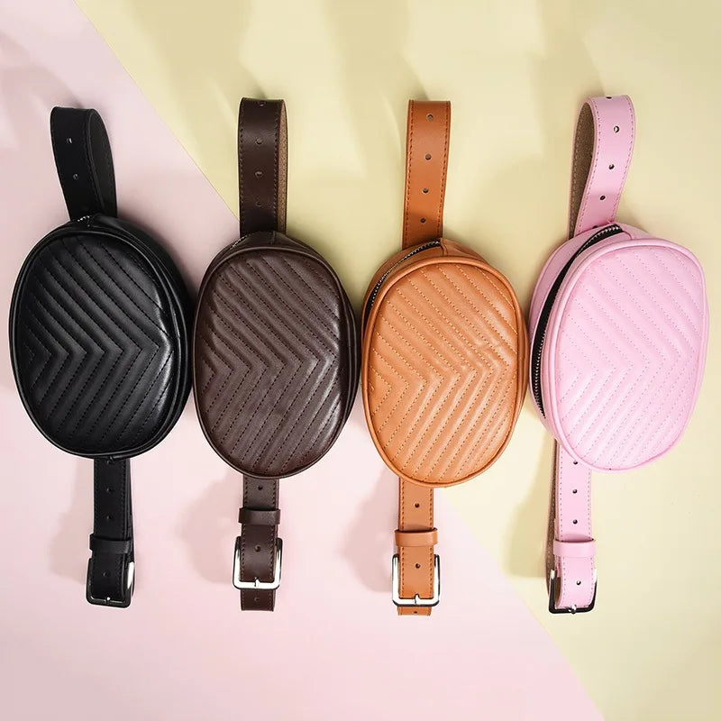 Women PU Leather Waist Bag Round Belt Fanny Pack