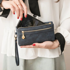 Women Dull Polish Leather Double Zipper Clutch Purse