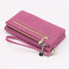 Women Dull Polish Leather Wallet Double Zipper Clutch Purse Wristlet