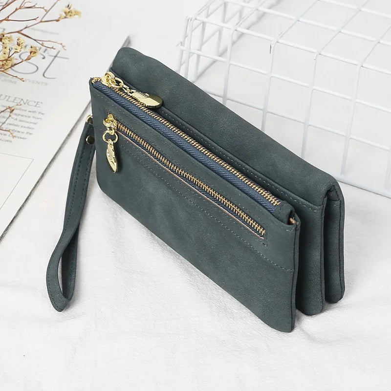 Women Dull Polish Leather Wallet Double Zipper Clutch Purse Wristlet
