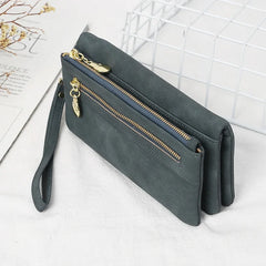 Women Dull Polish Leather Wallet Double Zipper Clutch Purse Wristlet