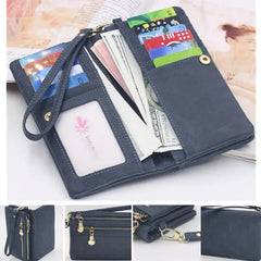 Women Dull Leather Double Zipper Clutch Purse Handbag