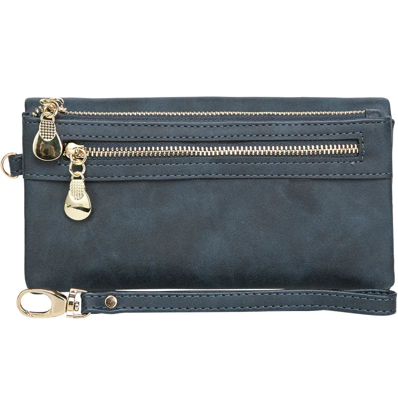 Women Dull Polish Leather Double Zipper Clutch Purse