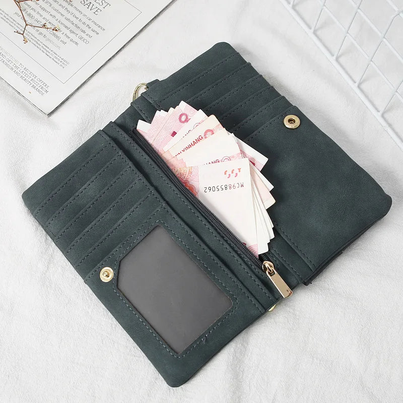Women Dull Polish Leather Wallet Double Zipper Clutch Purse Wristlet
