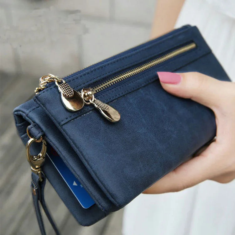 Women Dull Polish Leather Wallet Double Zipper Clutch Purse Wristlet