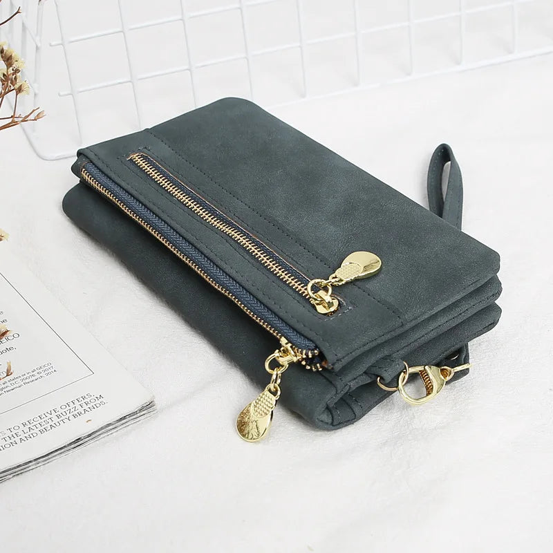 Women Dull Polish Leather Wallet Double Zipper Clutch Purse Wristlet
