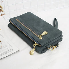 Women Dull Polish Leather Wallet Double Zipper Clutch Purse Wristlet