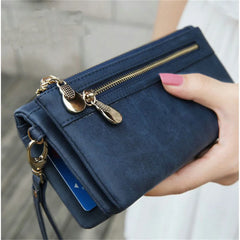 Women Dull Polish Leather Double Zipper Clutch Purse