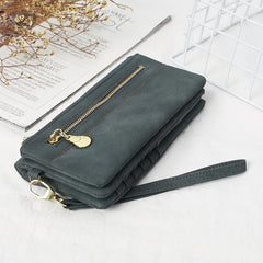 Women Dull Polish Leather Wallet Double Zipper Clutch Purse Wristlet