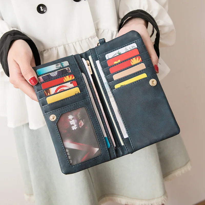Women Dull Polish Leather Double Zipper Clutch Purse