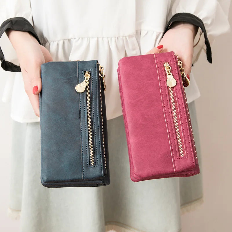 Women Dull Polish Leather Double Zipper Clutch Purse