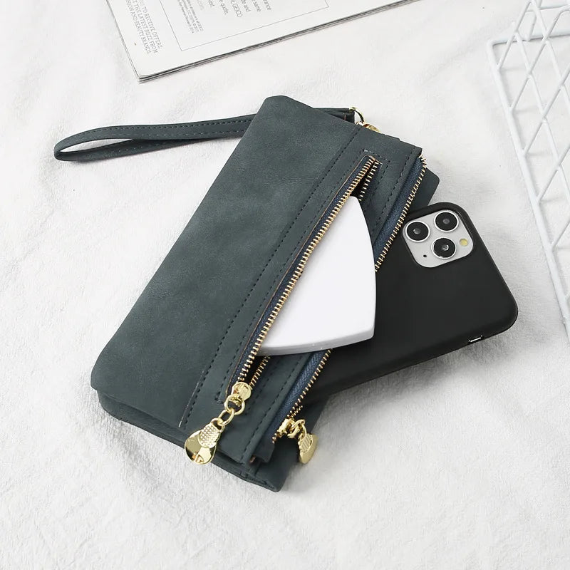 Women Dull Polish Leather Wallet Double Zipper Clutch Purse Wristlet