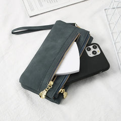 Women Dull Polish Leather Wallet Double Zipper Clutch Purse Wristlet
