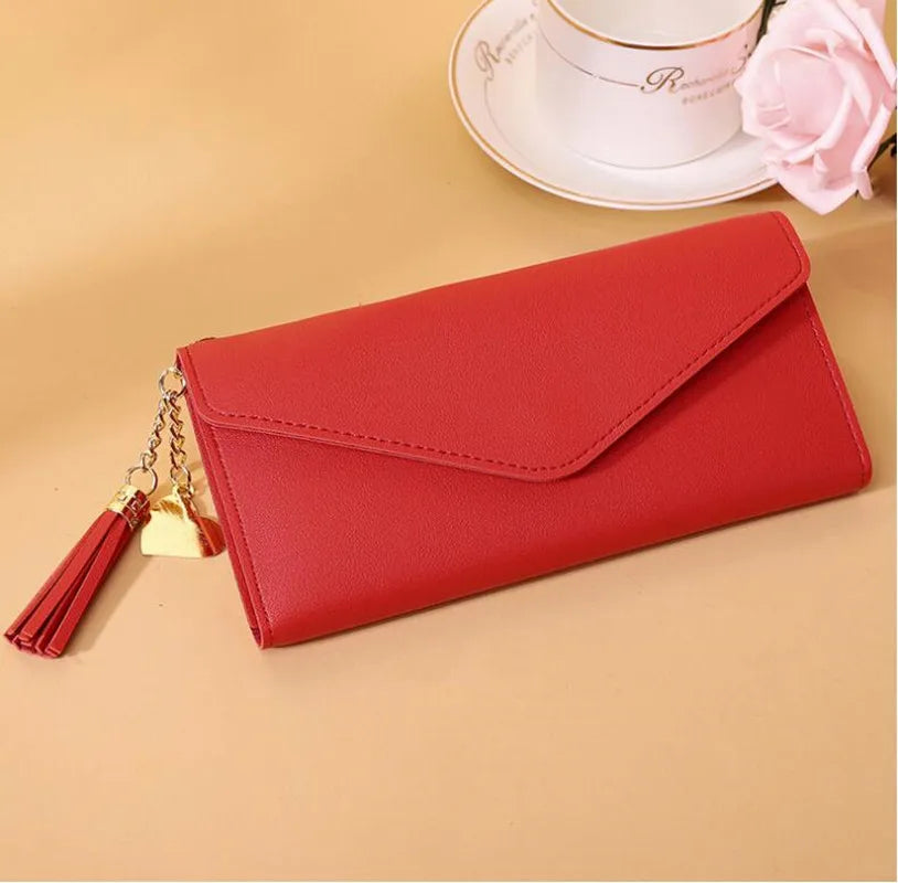 Gray Red Long Clutch Wallet PU Leather Money Bag