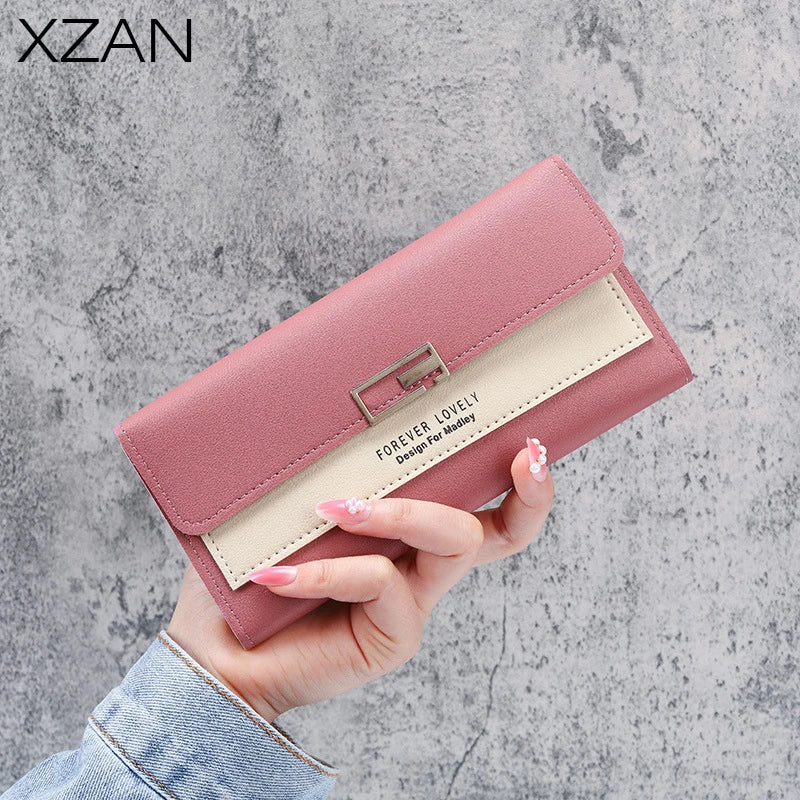 Gray Red Long Zipper Clutch Wallet Soft PU Leather Money Bag