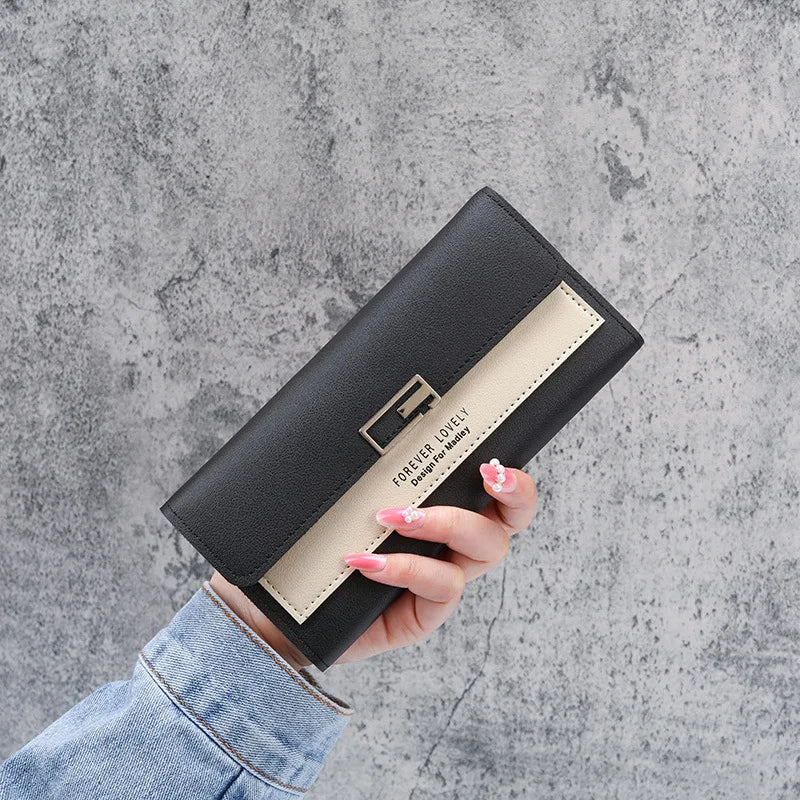 Gray Red Long Zipper Clutch Wallet Soft PU Leather Money Bag