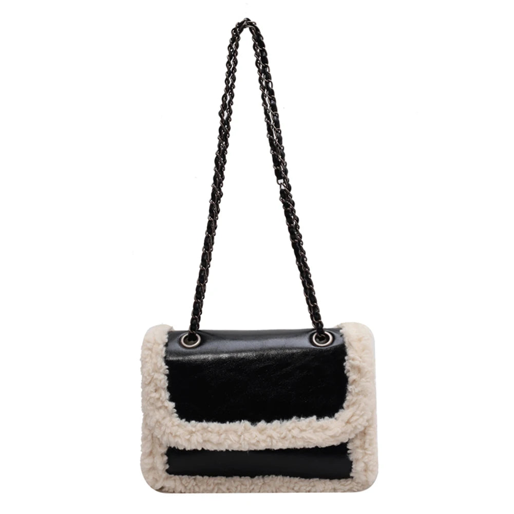Women Winter Faux Fur Lambswool Shoulder Crossbody Bag Retro Leather Handbag
